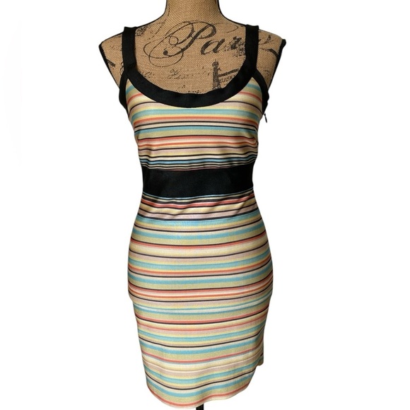 Wow Couture Bandage BodyCon Multicolored Striped Mini Dress Women’s Size Medium - Picture 1 of 11